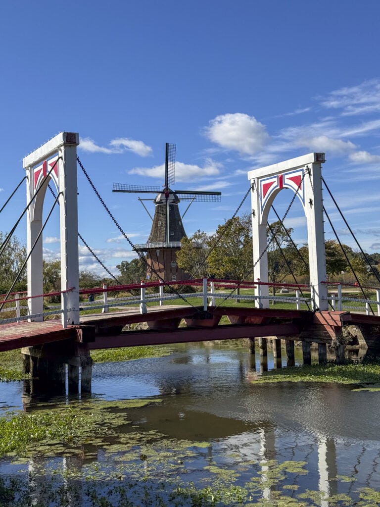 A picturesque scene reminiscent of the best Michigan towns on Lake Michigan features a red and white drawbridge over a tranquil waterway, with a traditional windmill in the background under a clear blue sky. Lush greenery surrounds the area, reflecting in the water below.