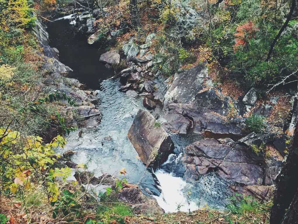 trees turning color around very rocky area with water in Tallulah Gorge State Park, one of the best hikes in North Georgia for fall.