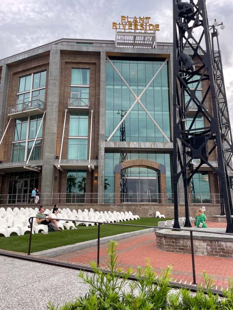 View of the JW Marriott at the Plant Riverside district in Savannah GA. Building with glass front
