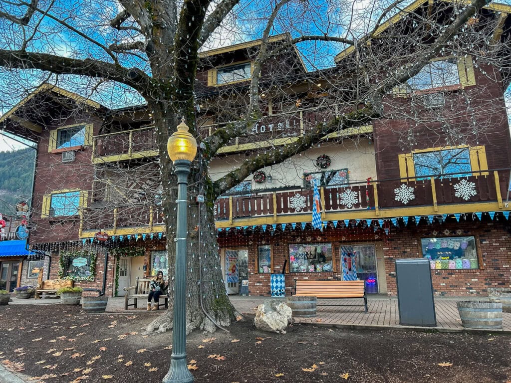 A large tree with bare branches stands in front of a rustic, chalet-style building decorated with snowflakes and winter ornaments—perfect inspiration for cozy cabin trip ideas. A streetlamp and two people on a bench are nearby.